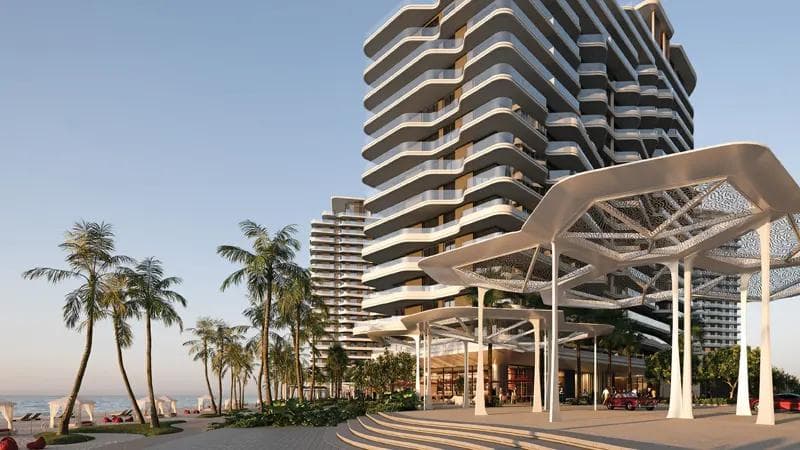 Building facade at Rosso Bay by Aldar Properties in Marjan Island
