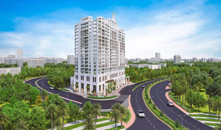 Building facade at Aqua Flora by Vincitore Realty in Dubai Science Park
