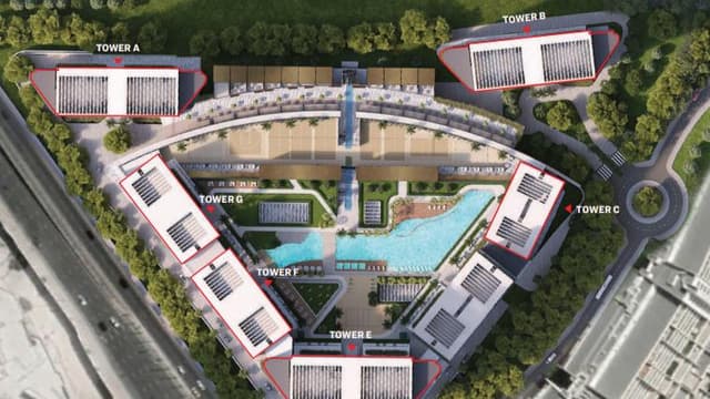 Aerial view of Sobha Orbis towers in Motor City Dubai showing modern residential architecture