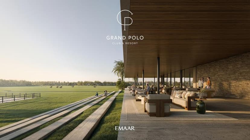 Building facade at Grand Polo Club and Resort by Emaar Properties in Dubai Investment Park 2