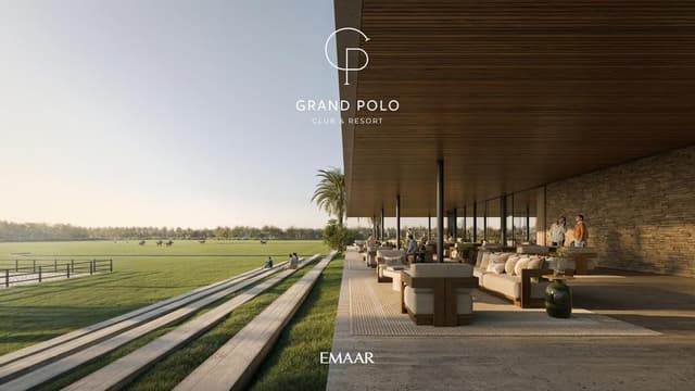 Building facade at Grand Polo Club and Resort by Emaar Properties in Dubai Investment Park 2