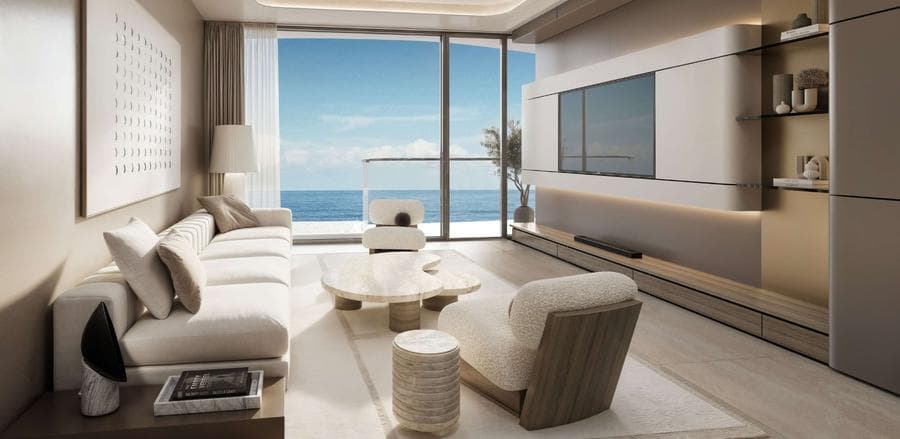 Building facade at Esmé Beach Residences by Elysian Developments in Dubai Island
