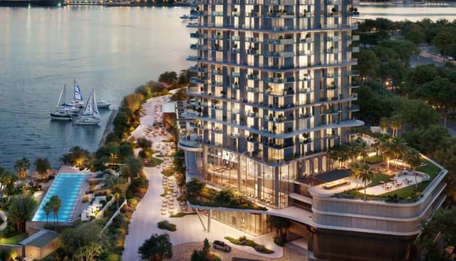 Building facade at Sensia by Beyond Properties in Dubai Maritime City