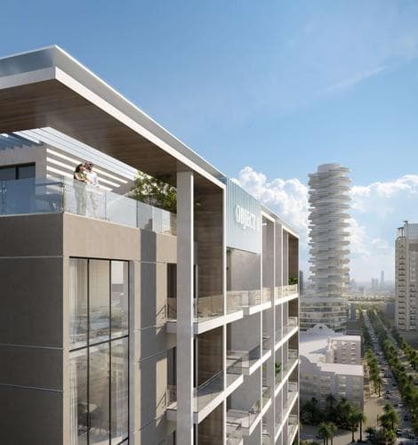 Building facade at 1WOOD Residence 2 by Object1 in JVC (Jumeirah Village Circle)