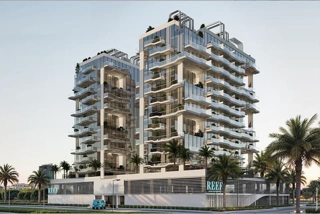 Building facade at REEF 998 by Reef Developments in Dubai Land Residence Complex