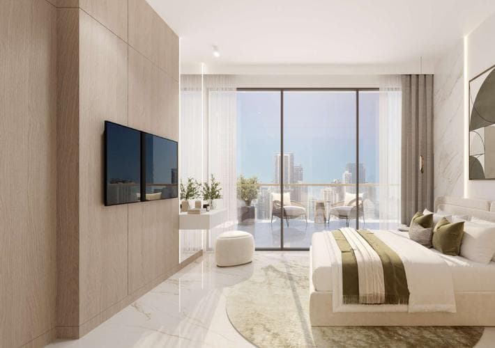 Building facade at Aark Terraces by Aark Developers in Dubai Land Residence Complex