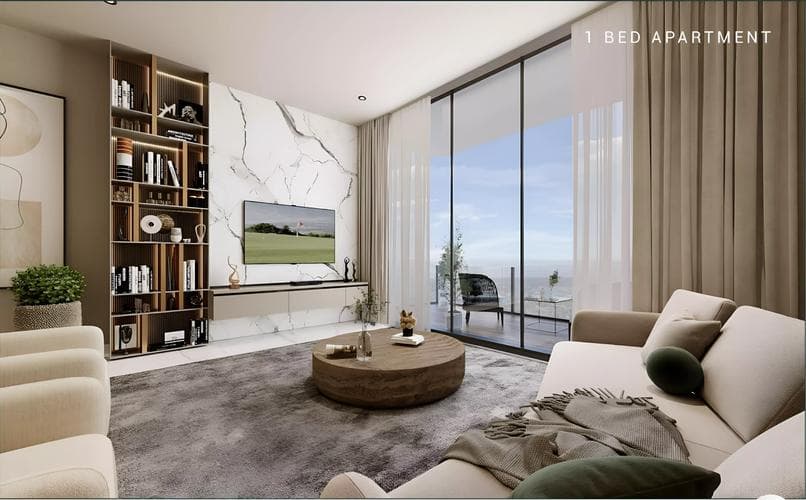 Building facade at Milos Residences by Karma in Dubai Land Residence Complex