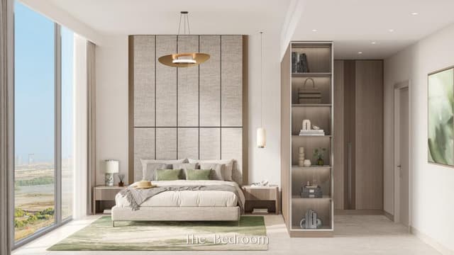 Modern bedroom at Riverton House Dubai