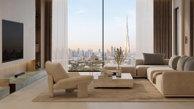 Binghatti Cullinan modern living room with elegant interior design and city views
