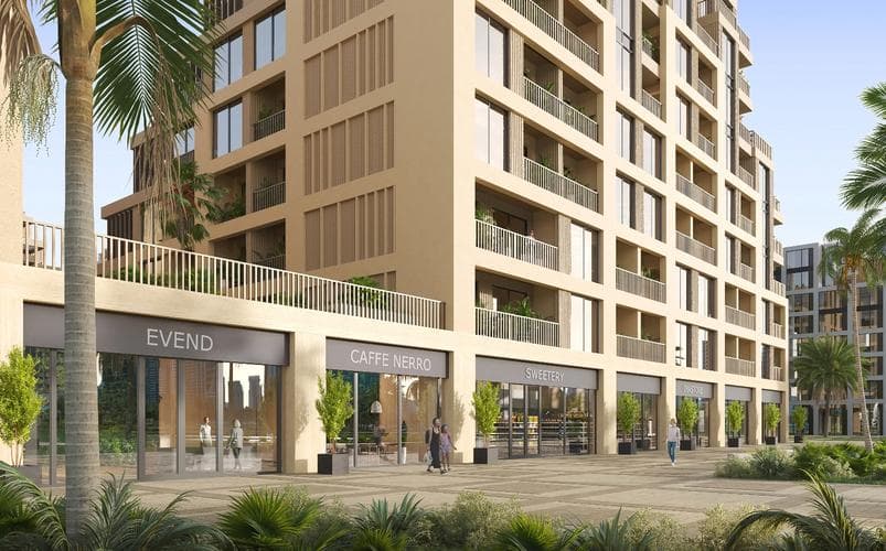 Building facade at Arisha Terraces by Qube Development in Dubai Studio City