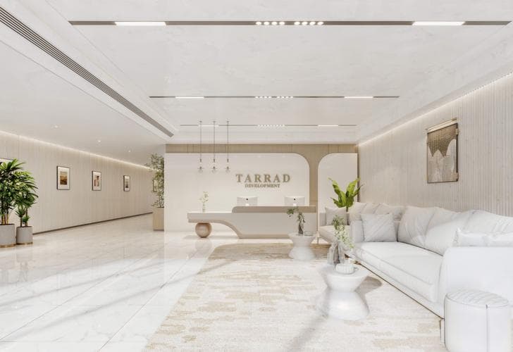 Modern lobby at Celesto Tower by Tarrad Development in Dubai Land Residence Complex