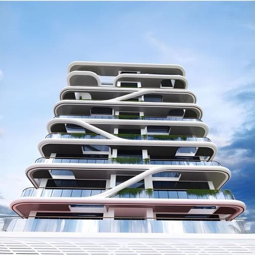 Exterior view of Mackerel Tower residential building in Dubai Islands