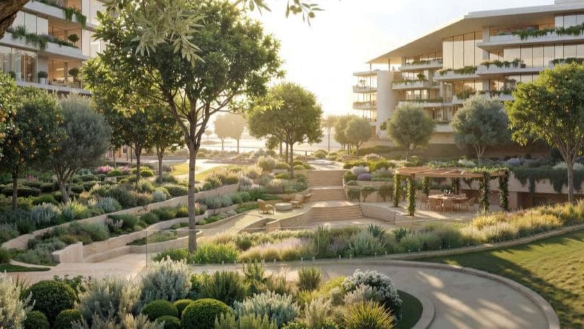 Lush green spaces at Arancia Yards featuring landscaped gardens