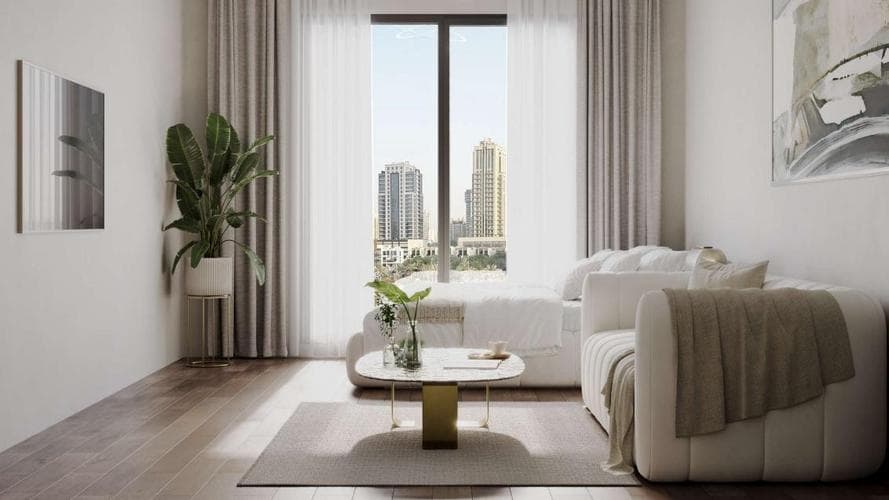 Modern living room in 1-bedroom apartment at Carmel Residence