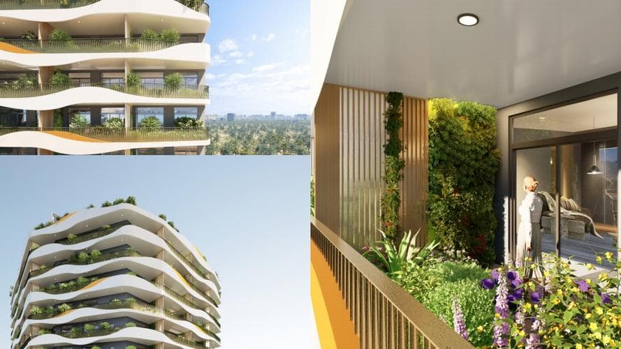 Green balconies at Forest City Tower II with nature-inspired design in Dubailand