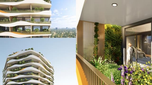 Green balconies at Forest City Tower II with nature-inspired design in Dubailand