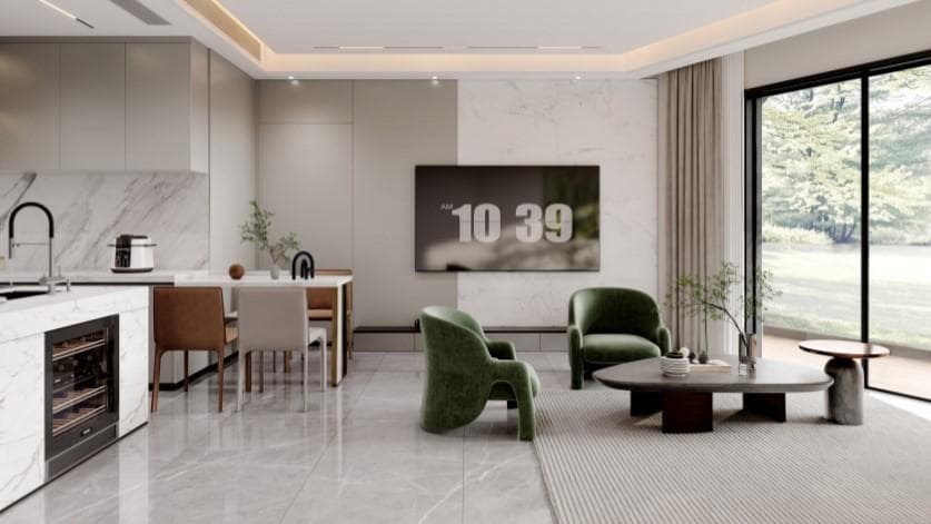 Spacious living room in a fully furnished apartment at Forest City Tower II