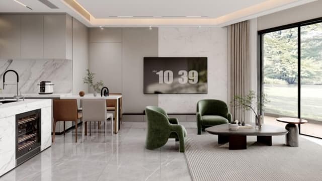 Spacious living room in a fully furnished apartment at Forest City Tower II