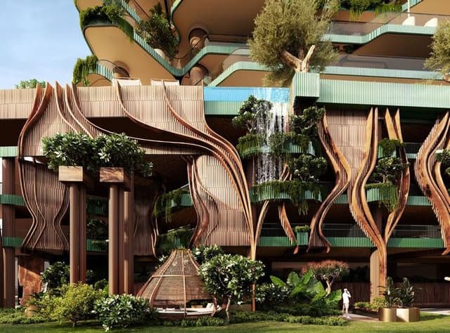 Building facade at Eywa Residences by R. evolution in Business Bay