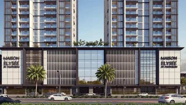 Building facade at Pantheon Maison Elysee II by Pantheon Properties Ltd in JVC (Jumeirah Village Circle)