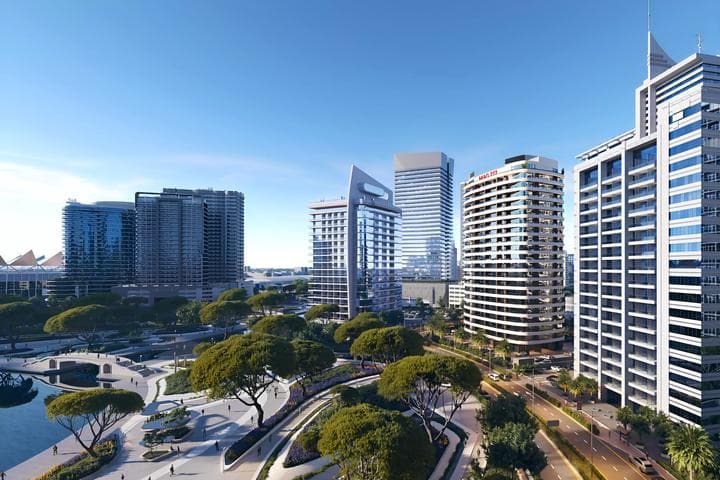 Building facade at Sereno Residences by Svarn Real Estate Development in JVC (Jumeirah Village Circle)