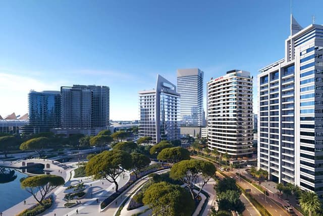 Building facade at Sereno Residences by Svarn Real Estate Development in JVC (Jumeirah Village Circle)